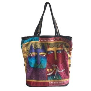 Laurel Burch Colorful Boho Cats Tote Bag Novelty Print Funky Artsy Art Teacher